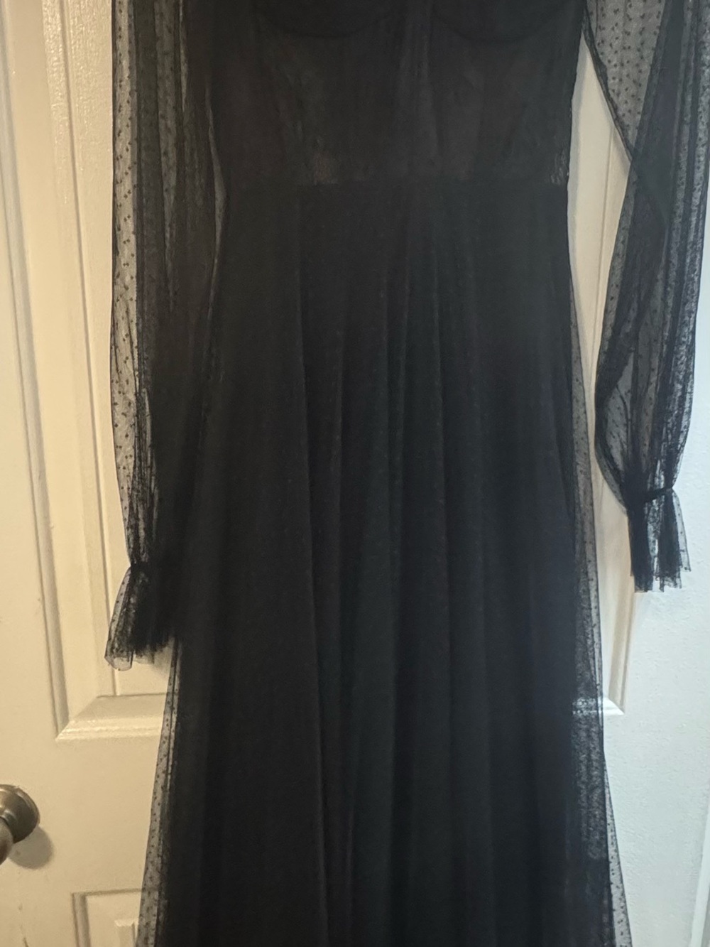 Mac Duggal Black Sheer Dotted Mesh Long Sleeve Maxi Gown